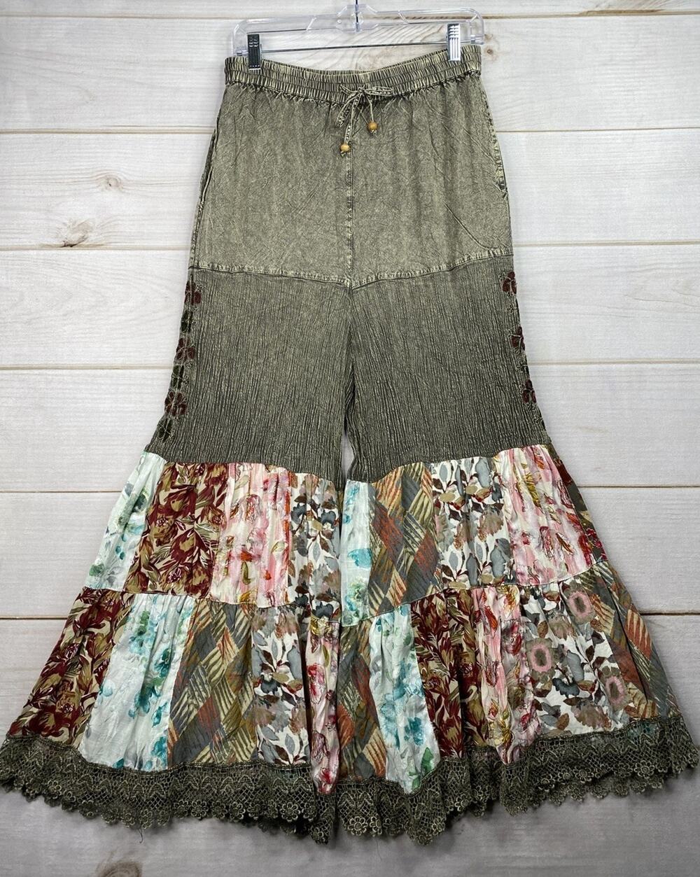 Young Threads Womens Boho Pants Sz L Hippie Embroidered Bell Bottom Pockets